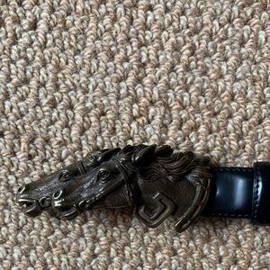 Black Leather Belt with Horse Head Buckle